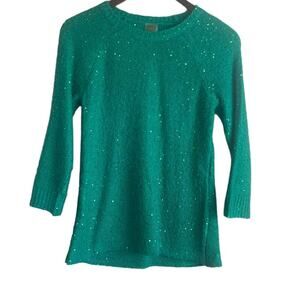 Anne Klein‎ Sweater Women S Kelly Green 3/4 Sleeve Sequins Holiday Festive Party
